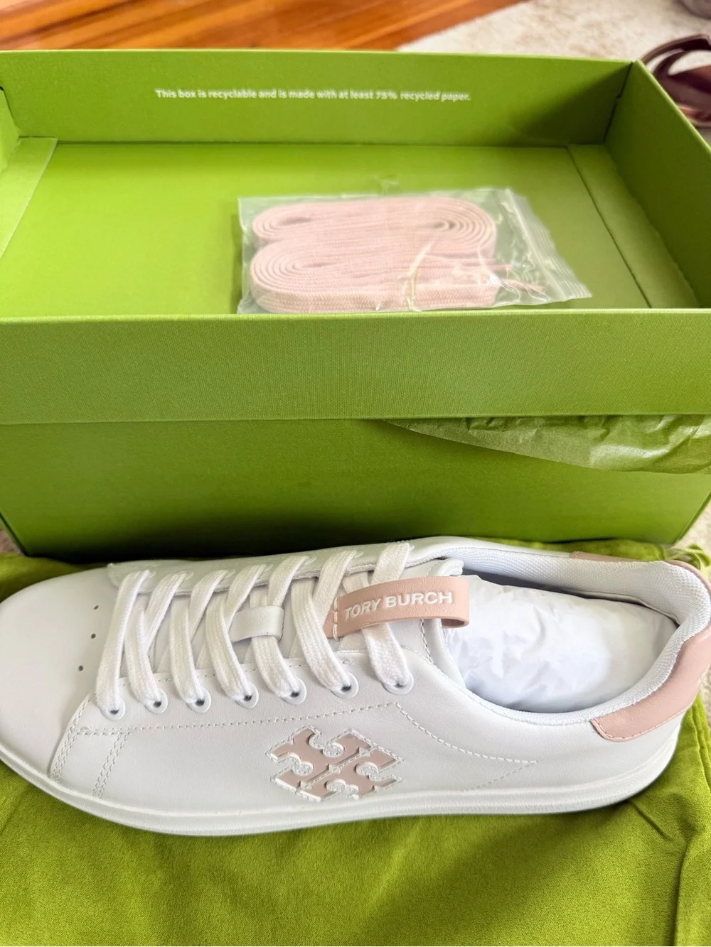 Tory Burch White Leather Sneakers with Pale Pink Trim